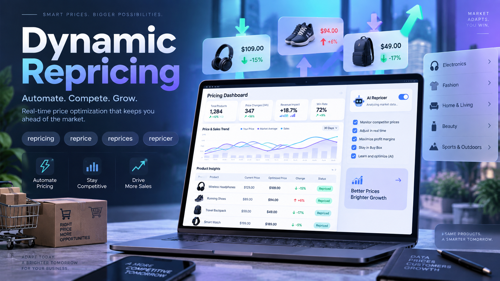 Dynamic repricing software dashboard showing live price adjustments